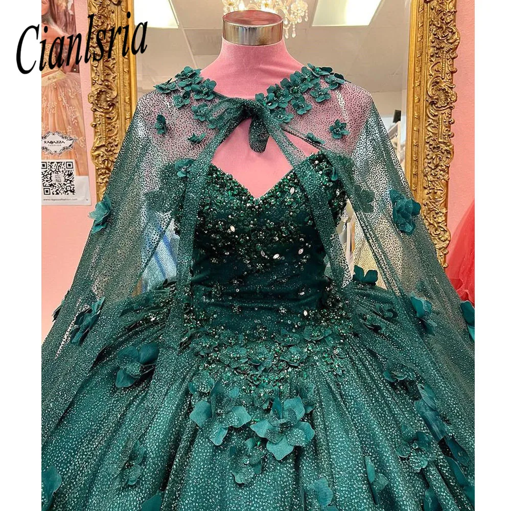 Robe de Quinceanera en cristal perlé vert émeraude avec cape, robe de Rh, corset de fleurs en fibre 3D, 15 ans