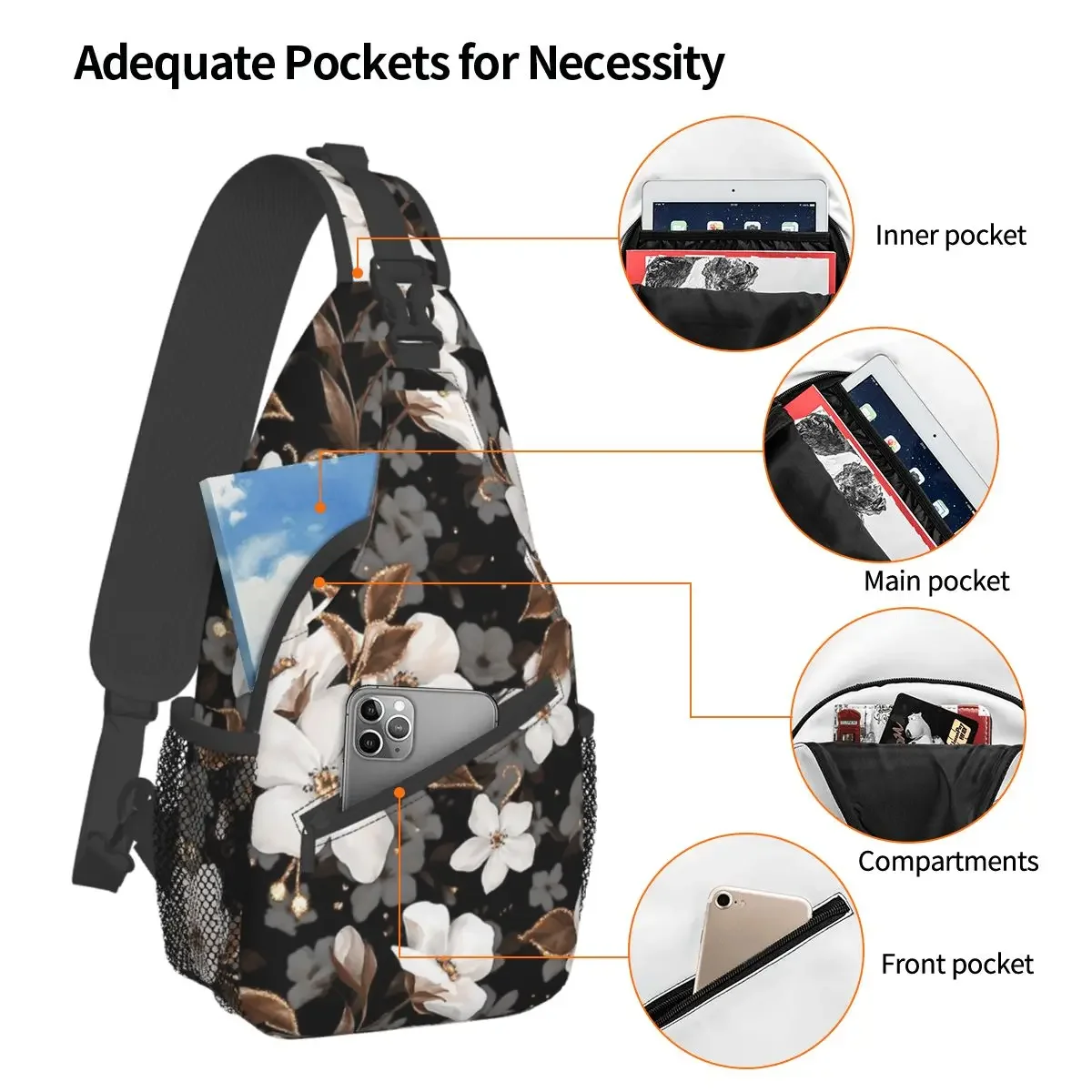 Apple Flowers Floral Sling Bags Chest Crossbody Shoulder Sling Backpack Outdoor Sports Daypacks Cherry Branch Printed Bookbag