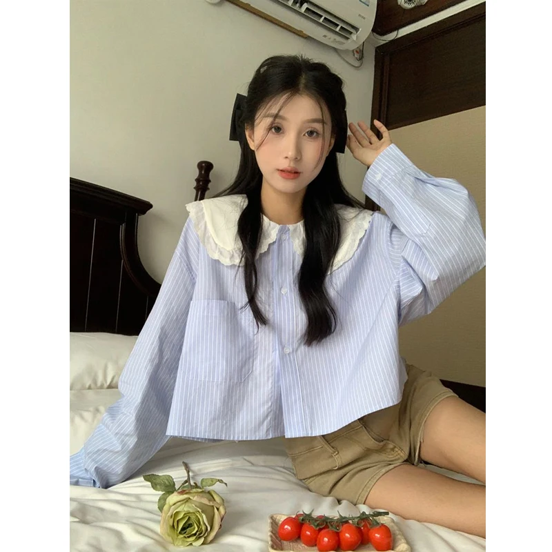 시크한 블루 스트라이프 루즈핏 롱 셔츠, 돌 칼라 디자인, 한국 스타일 출퇴근룩, 여성 패션 탑, 가을 의류