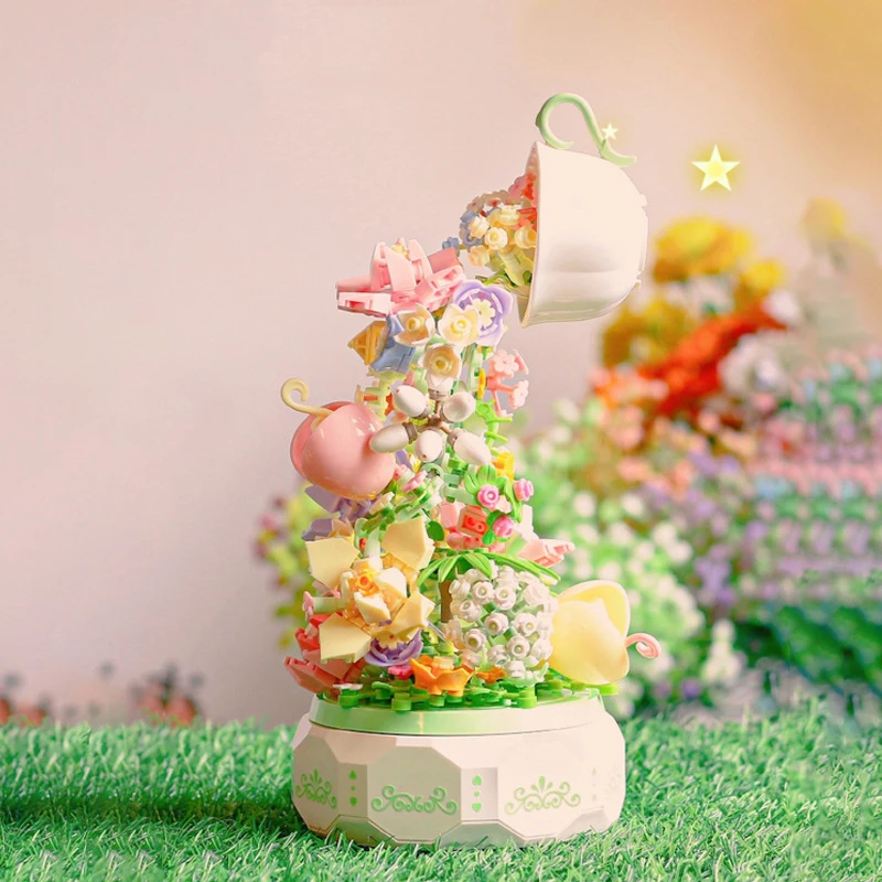 

Blooming Flower Micro Building Blocks Romantic Teacup Preserved Immortal Flower Music Box Assembled Bricks Toy For Kid Gifts