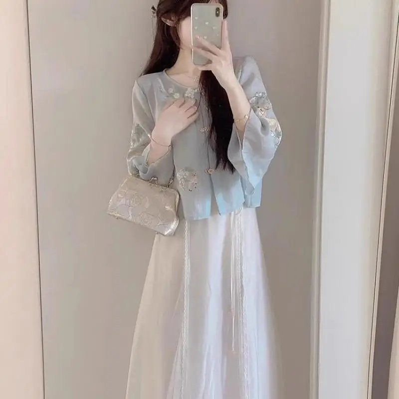 

2025 Summer New Chinese Style Suit Women Tang Costume Sets Embroidered Buckle Jacket Tops High Waist Skirt 2-piece Set