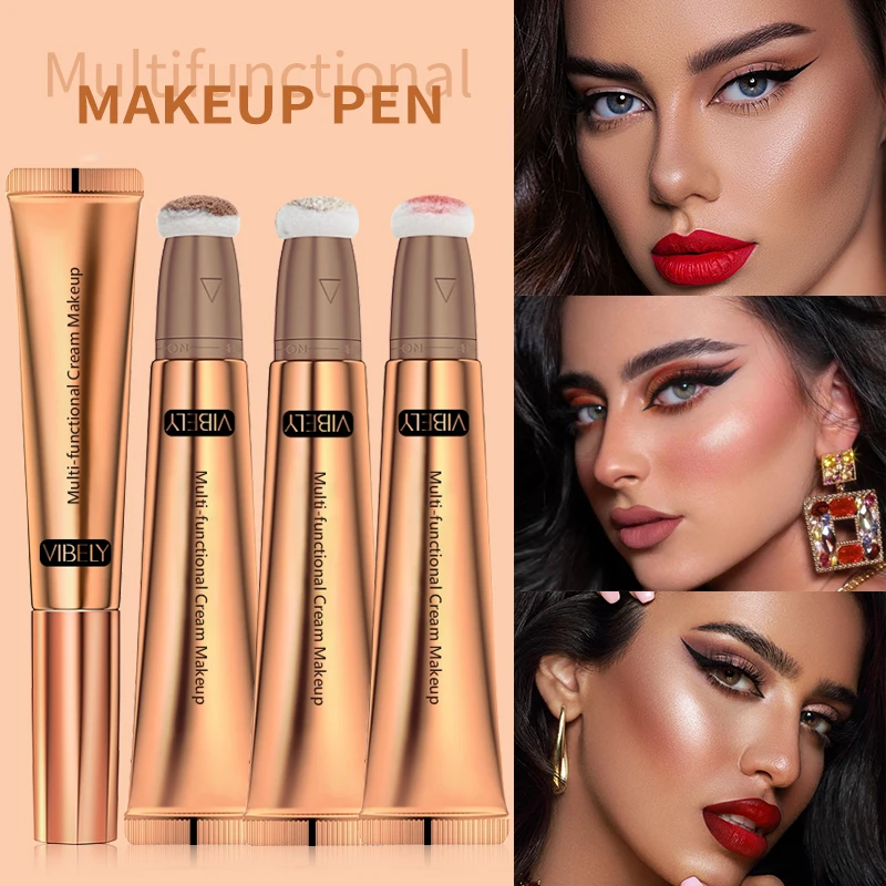 Stylo de Maquillage Multifonctionnel à Paillettes pour Contour du Visage, Poudre Scintillante, Highlight, Blush, Liquide, Coussin, Applicateur,