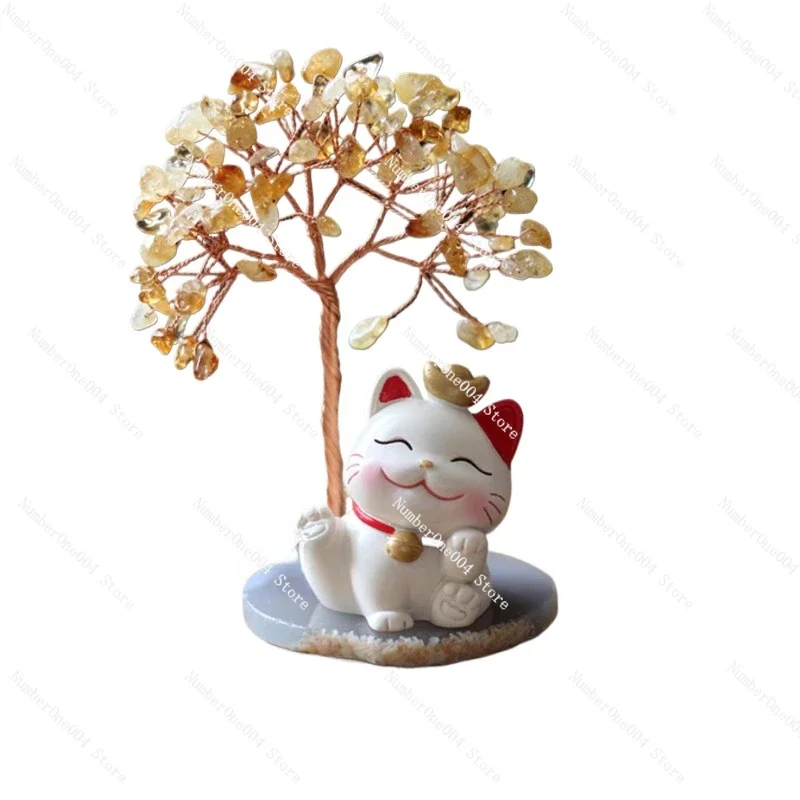 Natural Crystal Powder Crystal Citrine Fortune Tree Lucky Cat Ornament Home Opening Desktop Ornament Cute Little Gift