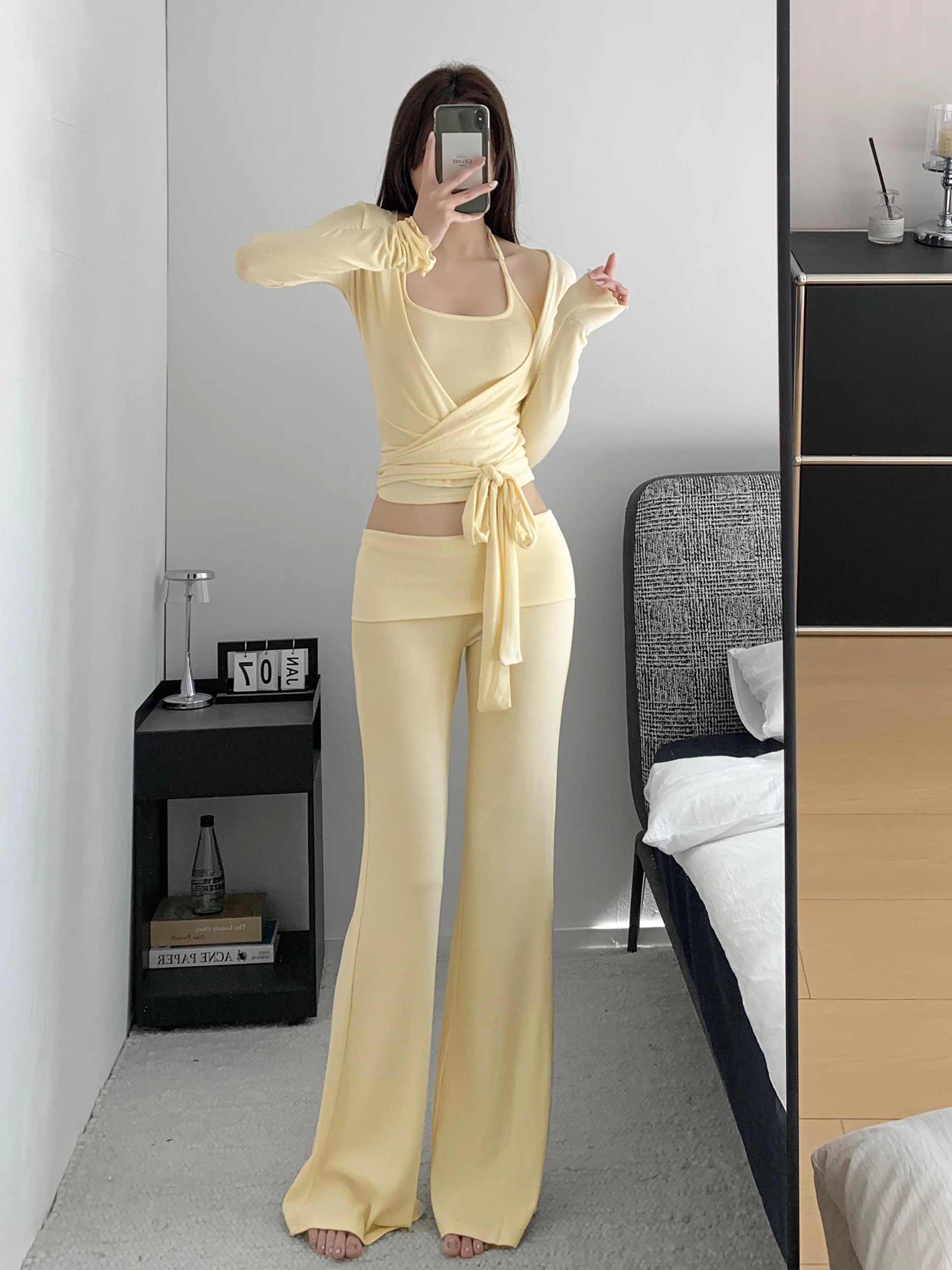

Ballet Style Cross Tie Cover up Open Cardigan Low Waist Flared Pants Set Women's Online Exclusive Long Sleeve Casual Sportswear