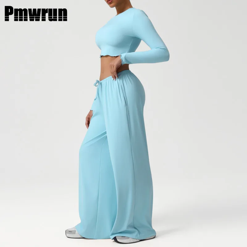 

PMWRUN женский наряд для йоги, комплект из 2 предметов, укороченный топ с длинными рукавами и широкие брюки, свободная посадка, мягкая эластичная одежда для дома для тренировок по йоге