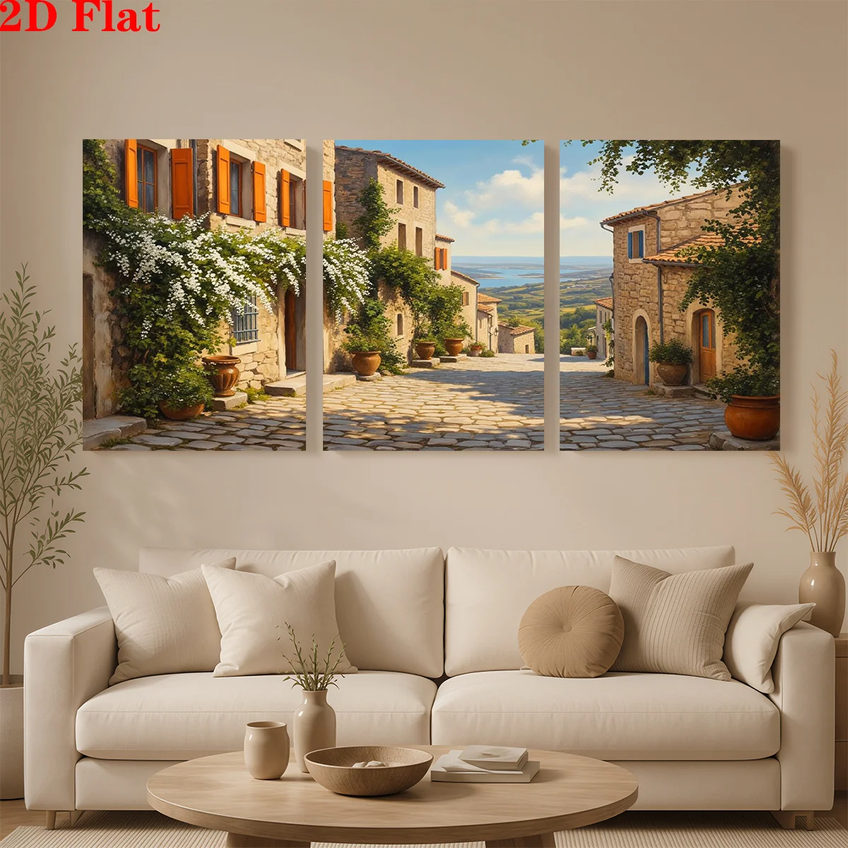 Frameless 2D 3pcs Canvas Art Wall Hanging- A stone street with old buildings and a view of the sea. Suitable for Decorating O