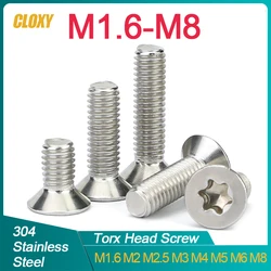 Parafuso de parafuso de cabeça escareada de aço inoxidável 304, Torx do Seis-Lobe, GB2673, M1.6, M2, M2.5, M3, M4, M5, M6, M8, 50, 20, 10, 5Pcs
