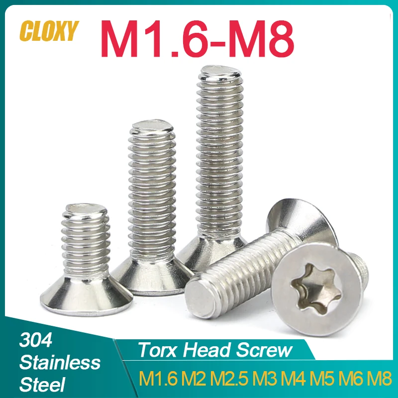 50/ 20/ 10 /5pcs M1.6 M2 M2.5 M3 M4 M5 M6 M8 304 Stainless Steel Six-Lobe Torx Flat Countersunk Head Screw Bolt GB2673