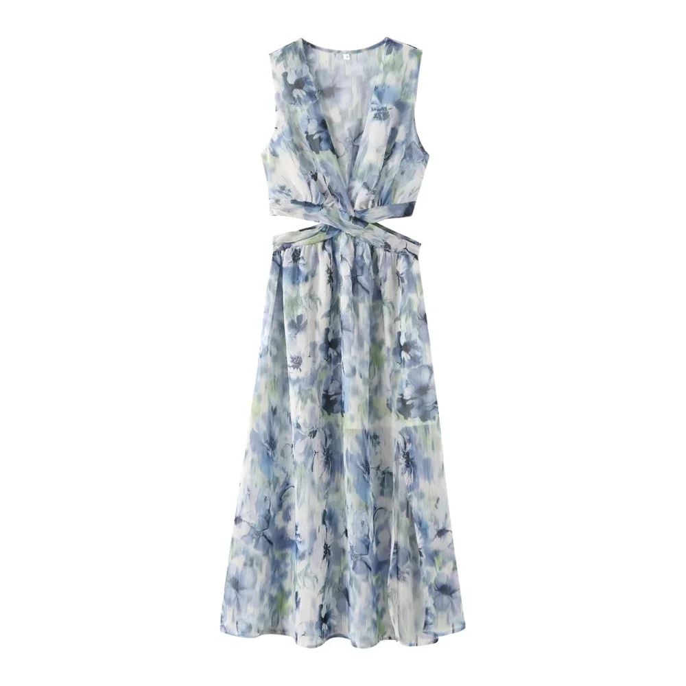 

LIBIELIY 2025 Summer New Women's European And American Sweet And Spicy V-neck Sexy Open Waist Metal Line Printed Dress