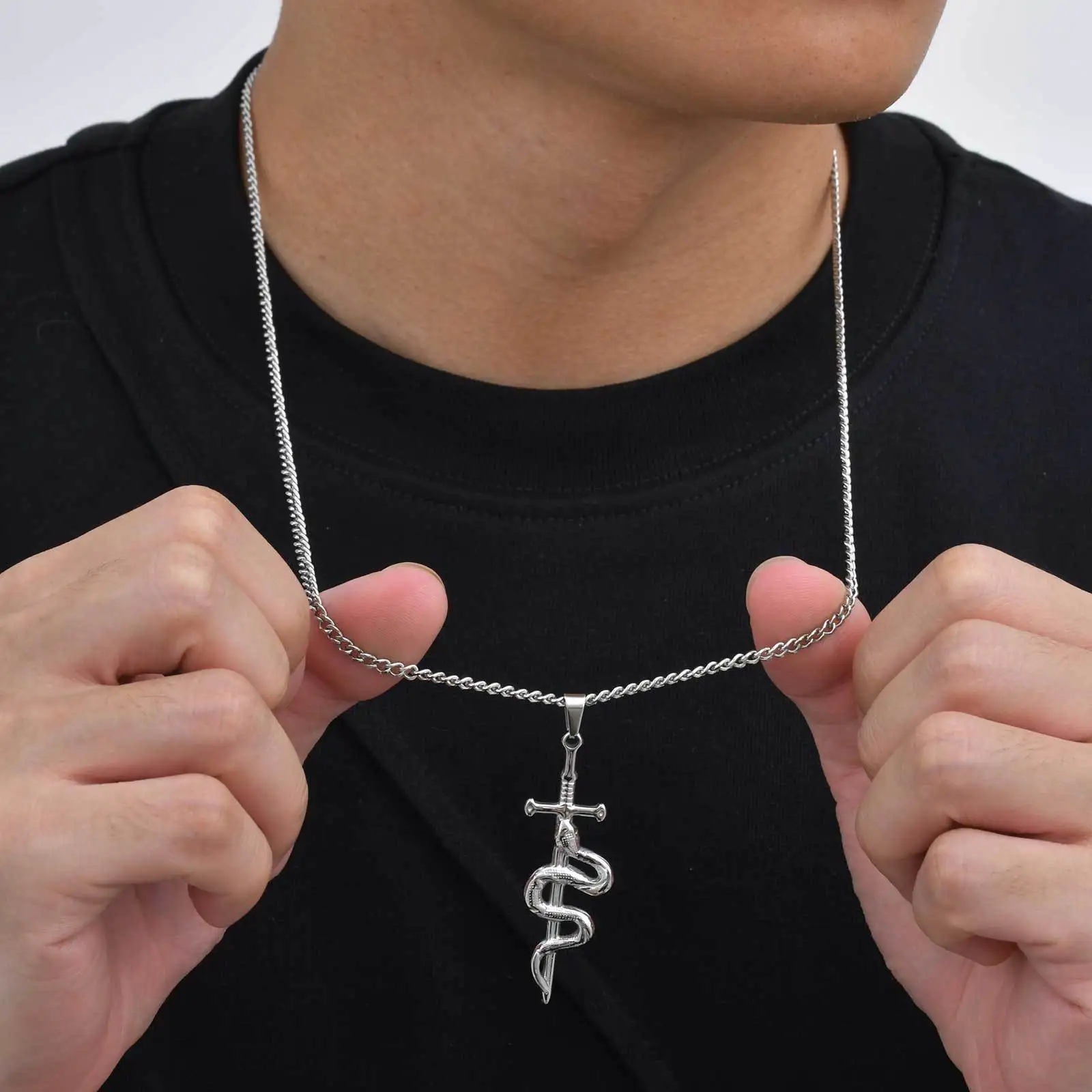 Snake Around Cross Spoon Necklace Exquisite Hollow Design Spoon Inside Stainless Steel Pendant Necklace Trendy Jewelry Presents