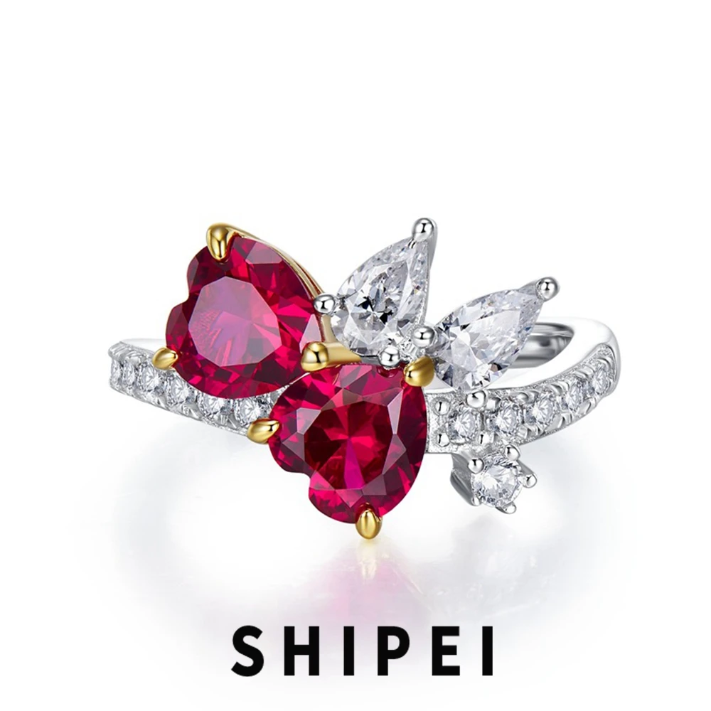 

SHIPEI Luxury Solid 925 Sterling Silver Love Heart Ruby White Sapphire Gemstone Ring For Women Engagement Fine Jewelry Wholesale