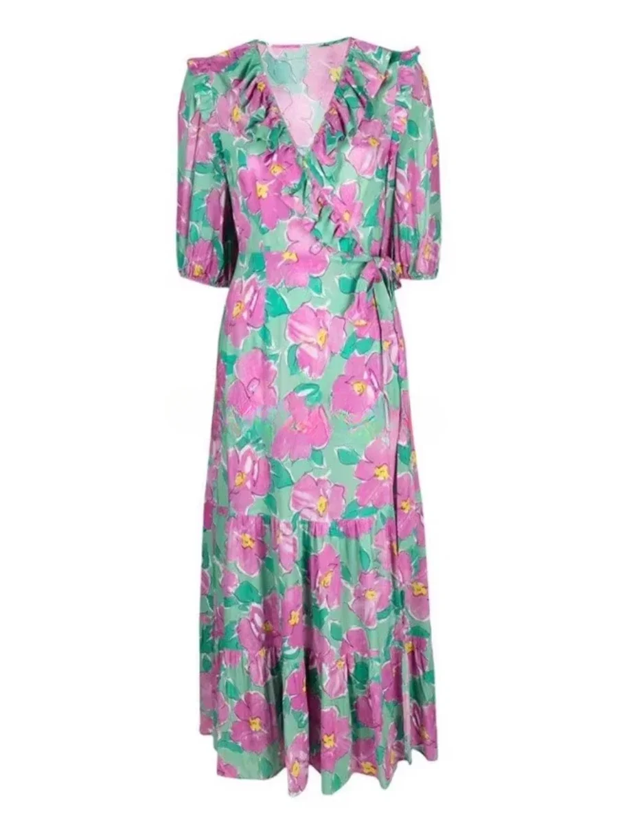 VGH Fashion Traval Printing Plus Size Dress for Women V Neck with Ruffles Puff Sleeve High Waist Pleated Midi Dresses Female New