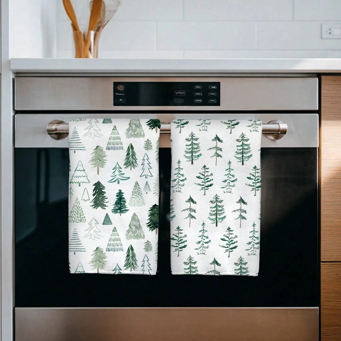 2-Pack Christmas Green Watercolor Tree Kitchen Towels | Multi-Use Hand Towel/Dishcloth | All-Season Cleaning & Decor for Kitchen