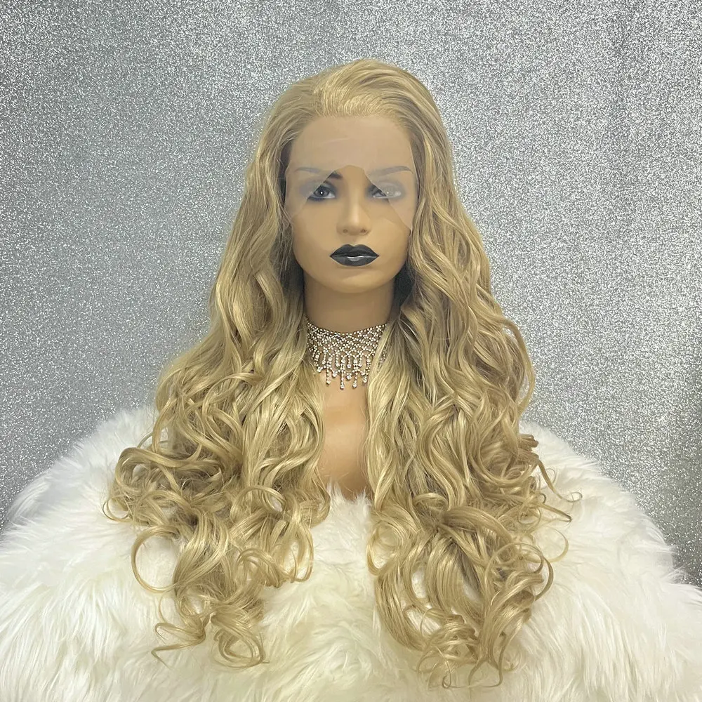 Drag Queen Blonde Synthetic Lace Front Wig For Women Long Body Wave 28 inch High Temperature Fiber Glueless Curly Cosplay Wig