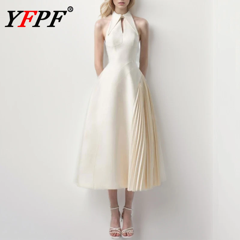 

YFPF Folds Spliced Design Dress Women Elegant Bow Collar Sleeveless High Waist A Line Evening Dresses Fashion 2025 New Clothing