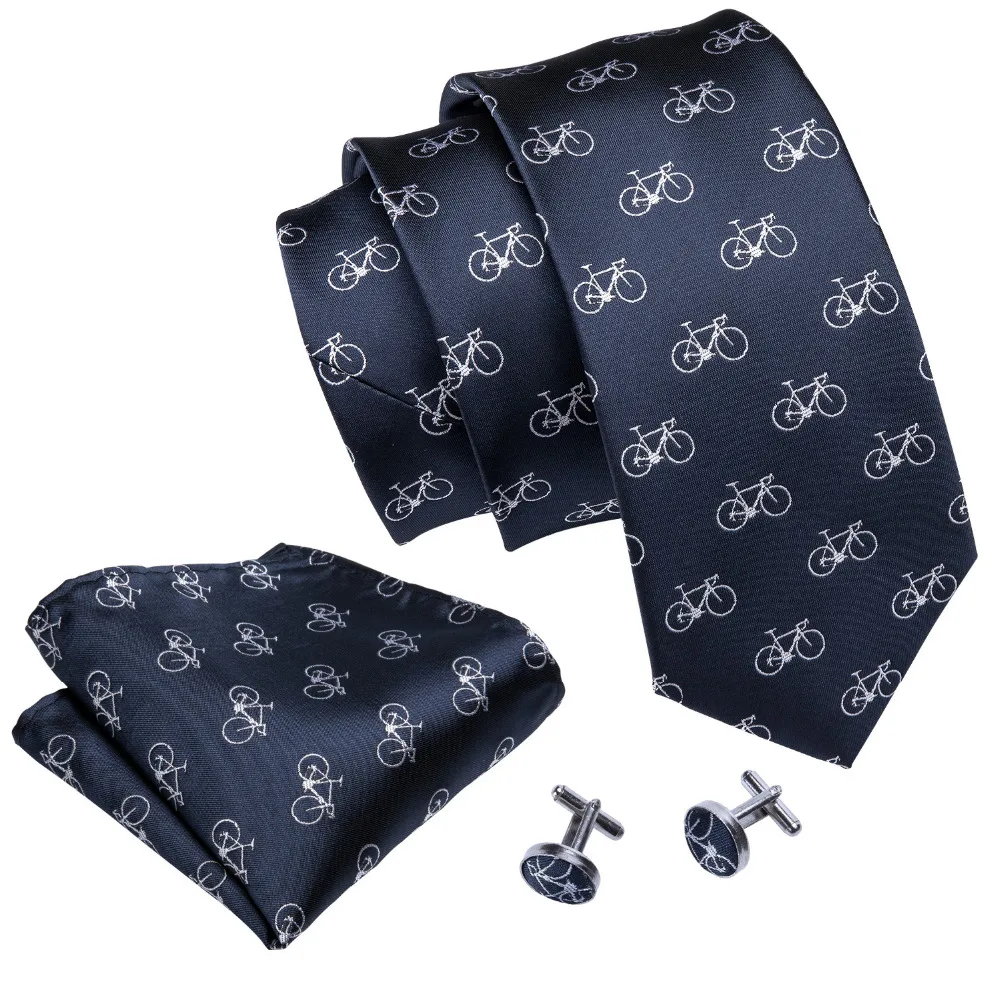 LS-5066 Mens Tie Bicycle Pattern Navy 8.5cm Neck Ties For Men Wedding Gift Tie Hanky Cufflinks Set Dropshipping