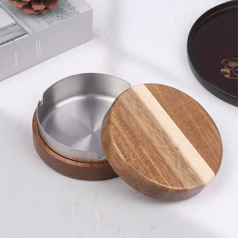 Creative Ashtrays With Lid Walnut Wood Desktop Stainless Steel Windproof Ash Tray For Smoking Office Home Decoration