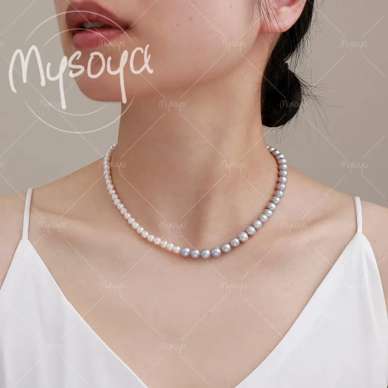 

MYSOYA 5-6mm & 6-7mm White and Grey Freshwater Pearl Necklace for Birthday/Anniversary/Wedding/Mother's Day Gift A0425