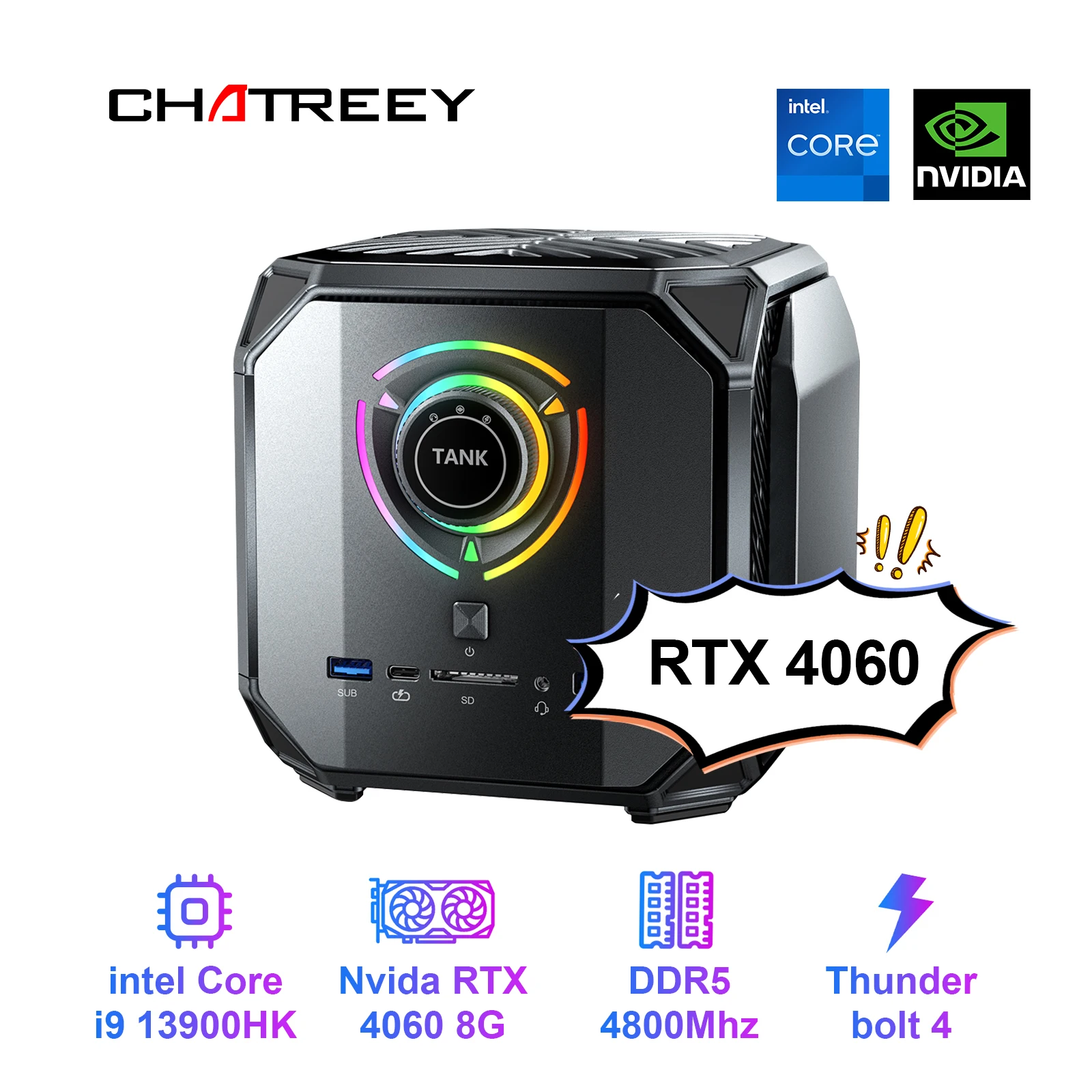 Мини-ПК Chatreey TANK Intel Core i9 13900HK i7 с игровым настольным компьютером Nvidia 4060 8G PCIE 4,0 Wi-Fi 6 BT5.0