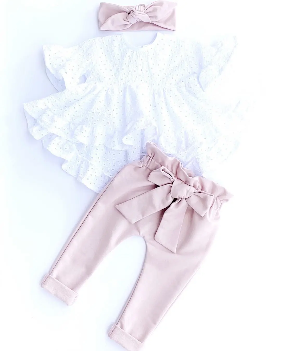 

Infant Baby Girls Summer Clothes Sets Short Sleeve Hollow-Out Lace Tops Elastic Waistband Bowknot Trousers Headband