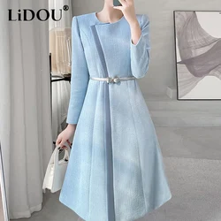 Autumn Winter Office Lady Elegant Fashion Waist Belt Dress Female Long Sleeve Vocation Vestidos Women Patchwork Temperament Robe