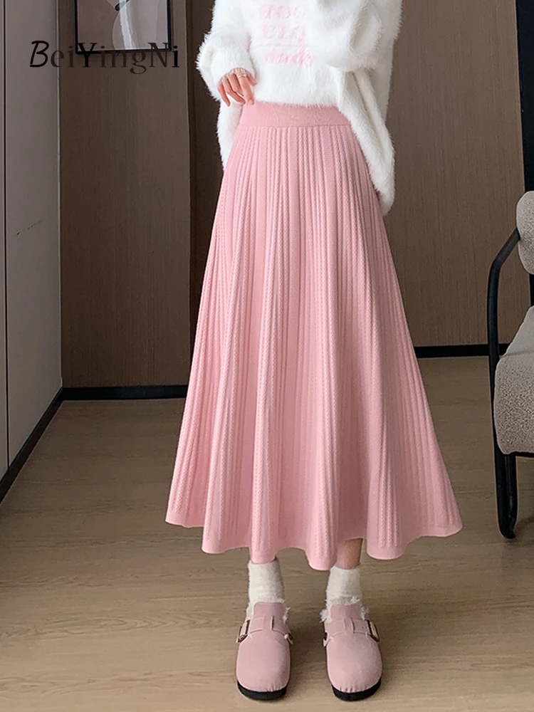 

Beiyingni Autumn Winter Women Pleated Skirt Elegant French Casual All-match Pink Midi A-line Skirts Kpop Chic Apricot Faldas