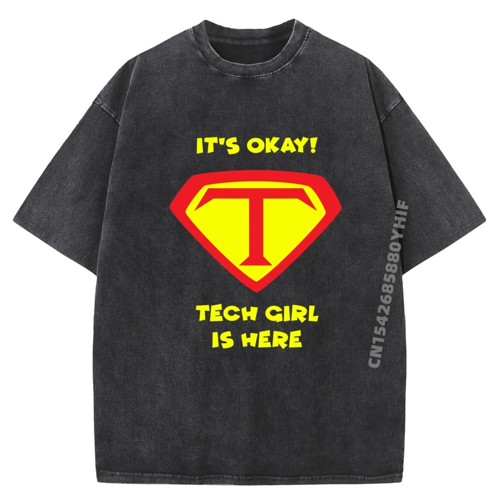 

Tech Support Girl Female Computer Technology Graphic Tee Shirt Mens Streetwear Washed Shirts Gothic Style