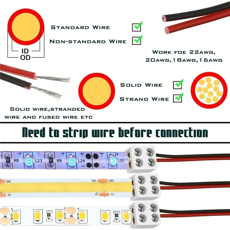 DTA4-Led Tape Light 25-Pack Connectors 2 Pin 8Mm Terminal Tighten Screws Wire To Strip With Screwdriver Included