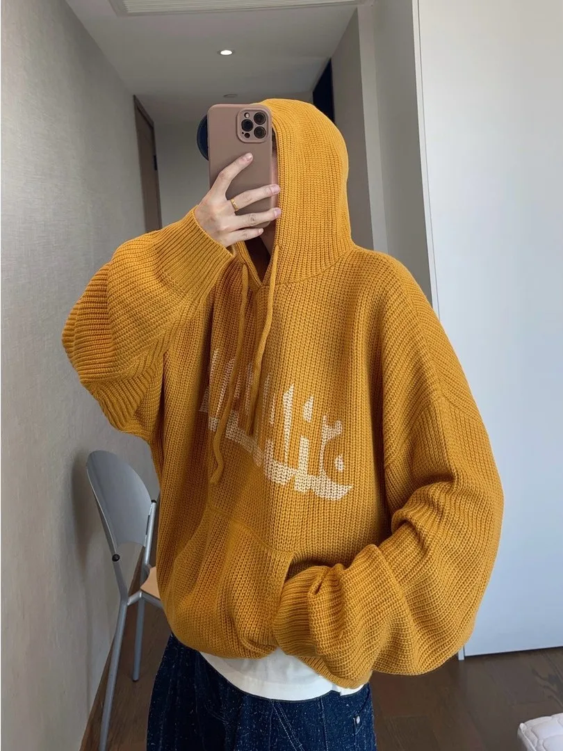 

Мужской вязаный свитер-худи оверсайз 300 Pou American Style, свободный крой, желтый, осенне-зимний, модный брендовый, 2