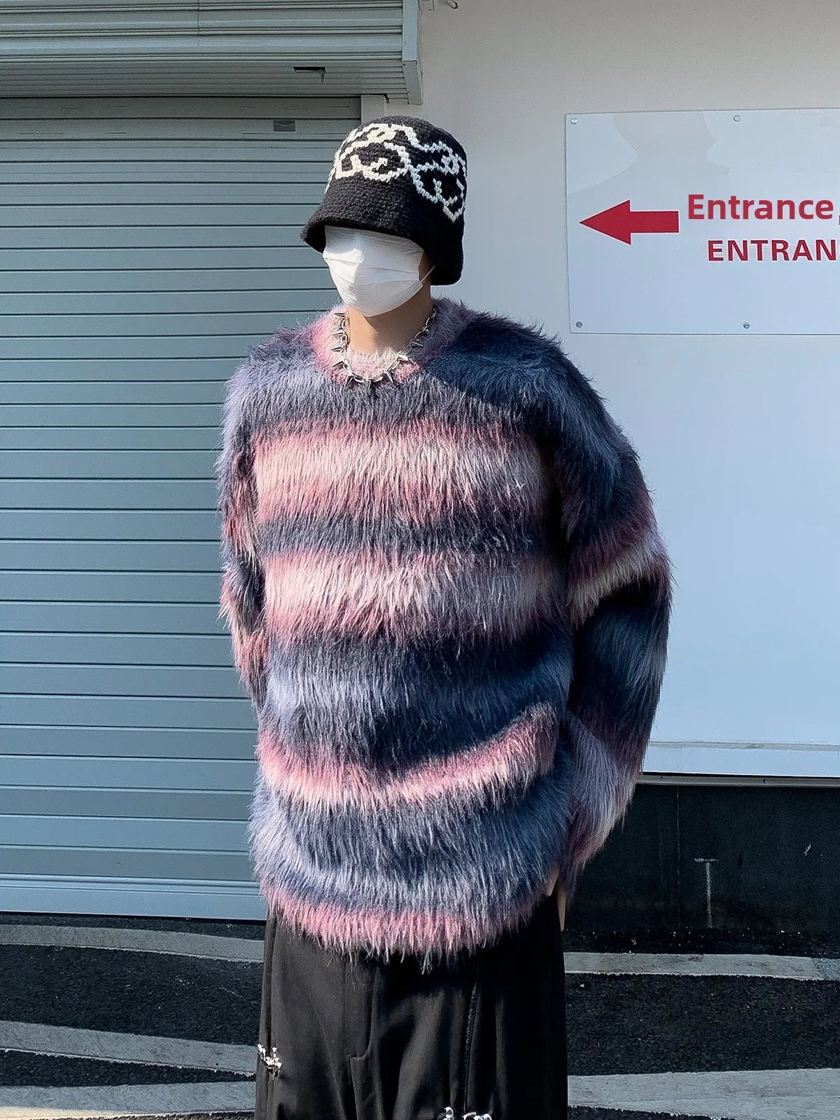 

Autumn Winter Color Blo Stripe round Ne Men's American Retro Street Loose Casual Couple Fake Mink Knitted Sweater