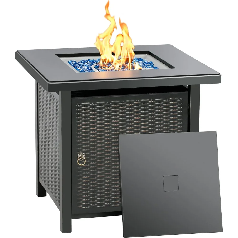 28 Inch Propane Fire Pit Table, Rattan & Wicker-Look 50,000 BTU Gas Firepits with Blue Fire Glass for Outside Patio and Garden.