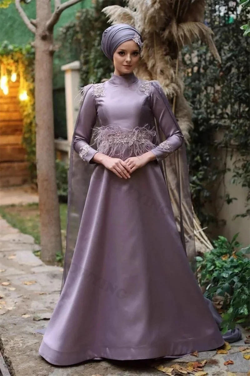 

Satin Appliques Feather Muslim Evening Dresses Long Sleeve A Line Hijab Formal Party Gowns Arabic Dubai Women Robes De Soirée