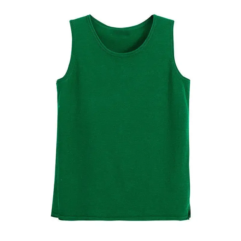 With thin round neck knitted cotton vest, girls\' sleeveless loose split bottomed top in summer