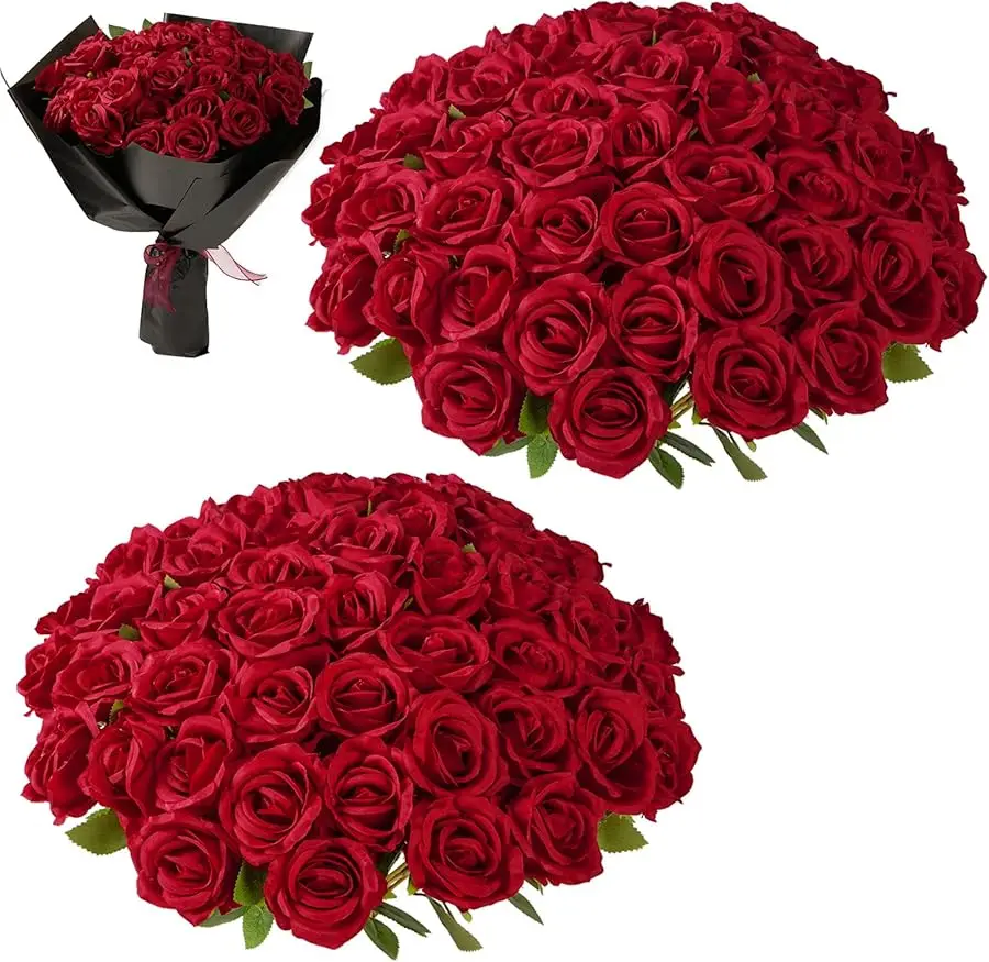 

Red Roses Artificial Flowers Bulk, 52Pcs Fake Roses Flower Arrangement, DIY Silk Flowers Roses Bouquet, Realistic Faux Artificia