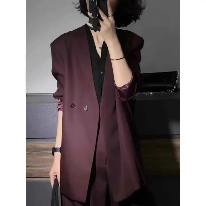 Eeonovni moda vermelha feminina conjunto de duas peças com decote em v duplo botão blazer casaco + calças compridas senhora do escritório elegante 2025 novas roupas