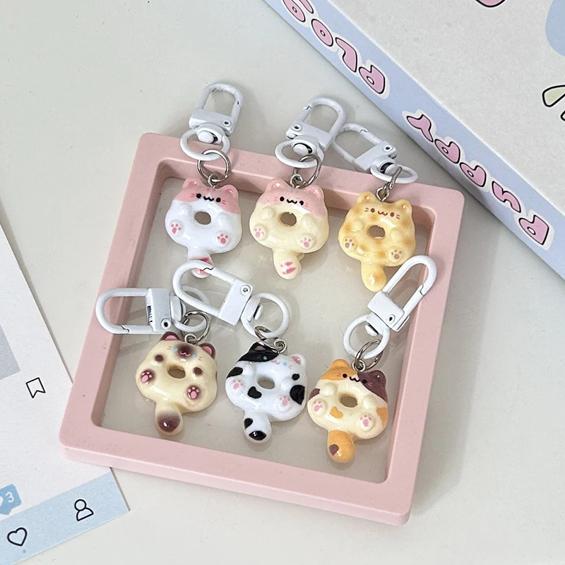 Cute Donut Cat Kitty Pendant Keychain Key Ring For Women Gift New Creative Funny Pet Animal Pendant Bag Car Earphone Box Jewelry