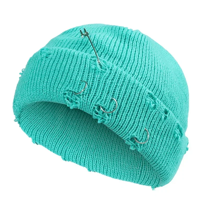 9 Colors Winter Autumn Knitted Short Beanies for Women Men Winter Caps with Metal Hoops Pins Y2K Cool Hip-hop Hats Skullcap