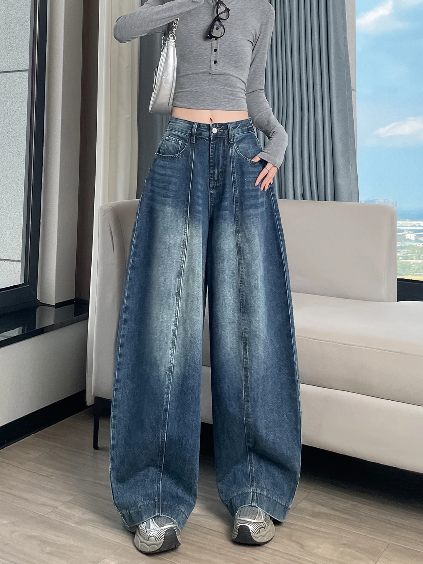 

Американские винтажные джинсы с эффектом потертости, женские, с высокой талией, свободные, стройнящие, в пол, с широкими штанинами, драпированные, фасон «нож».