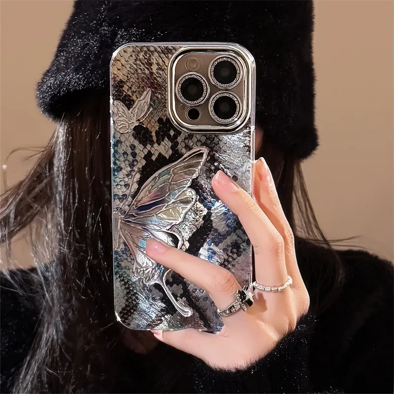 Custodia per telefono farfalla laser in pelle di serpente per iPhone 16 Pro 15 14 12 13 Pro Max Cover custodie in silicone antiurto per 15Pro Cute Funda
