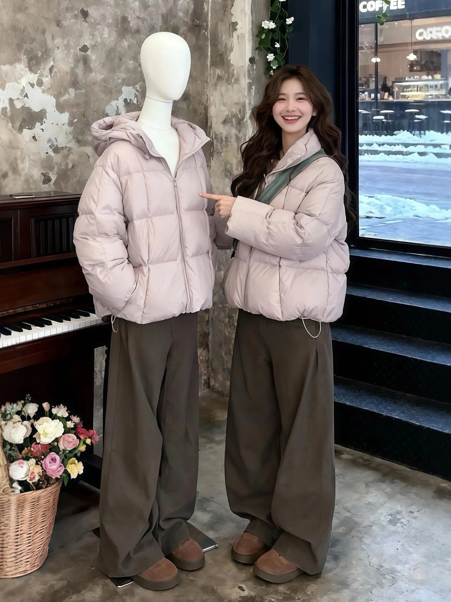 

Зимний повседневный комплект: розовая хлопковая куртка с капюшоном и широкие брюки, модный женский ансамбль больших размеров с высокой талией и молнией