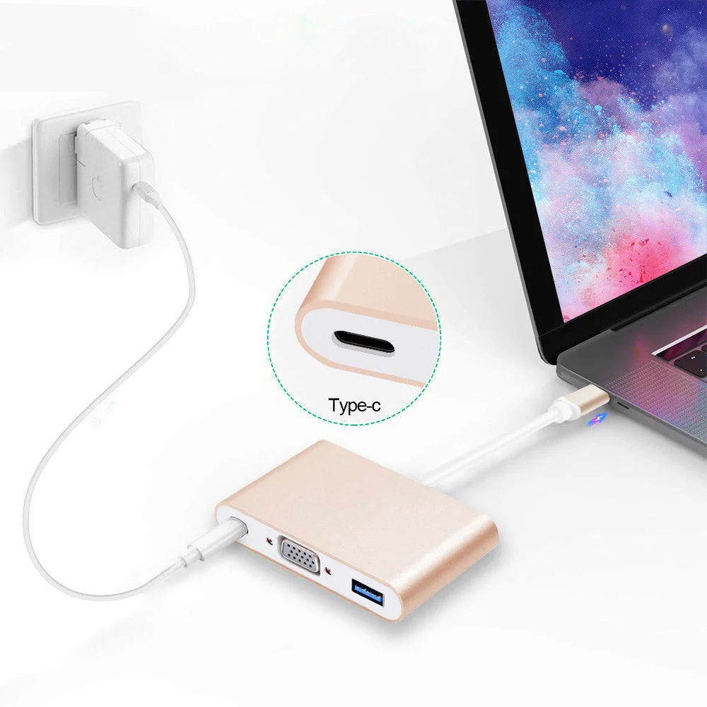 Docking Station Type-c To USB 3.0 VGA Type-C 1080p 60Hz USB 3.0 PD Charging Cellphone Computer 3 In 1 Video Splitter