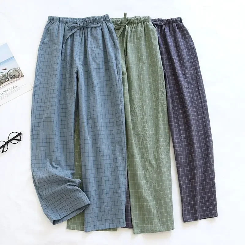 Male Long Pants Cotton  Spring and Autumn Summertime Thin Japanese Series Plaid Loose Large Size Washable Cotton Pajama Pants