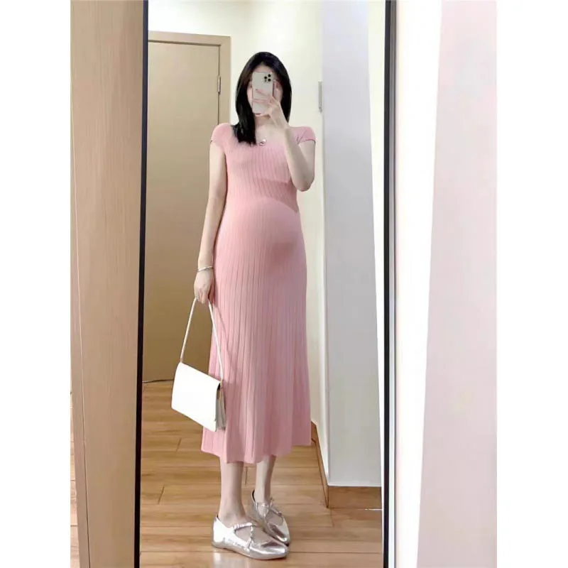 

New Maternity Dress Knitted One-piece Neckline Ice Silk Long Pregnancy Dress Casual Maternity Clothes For Pregnant Women Fashion