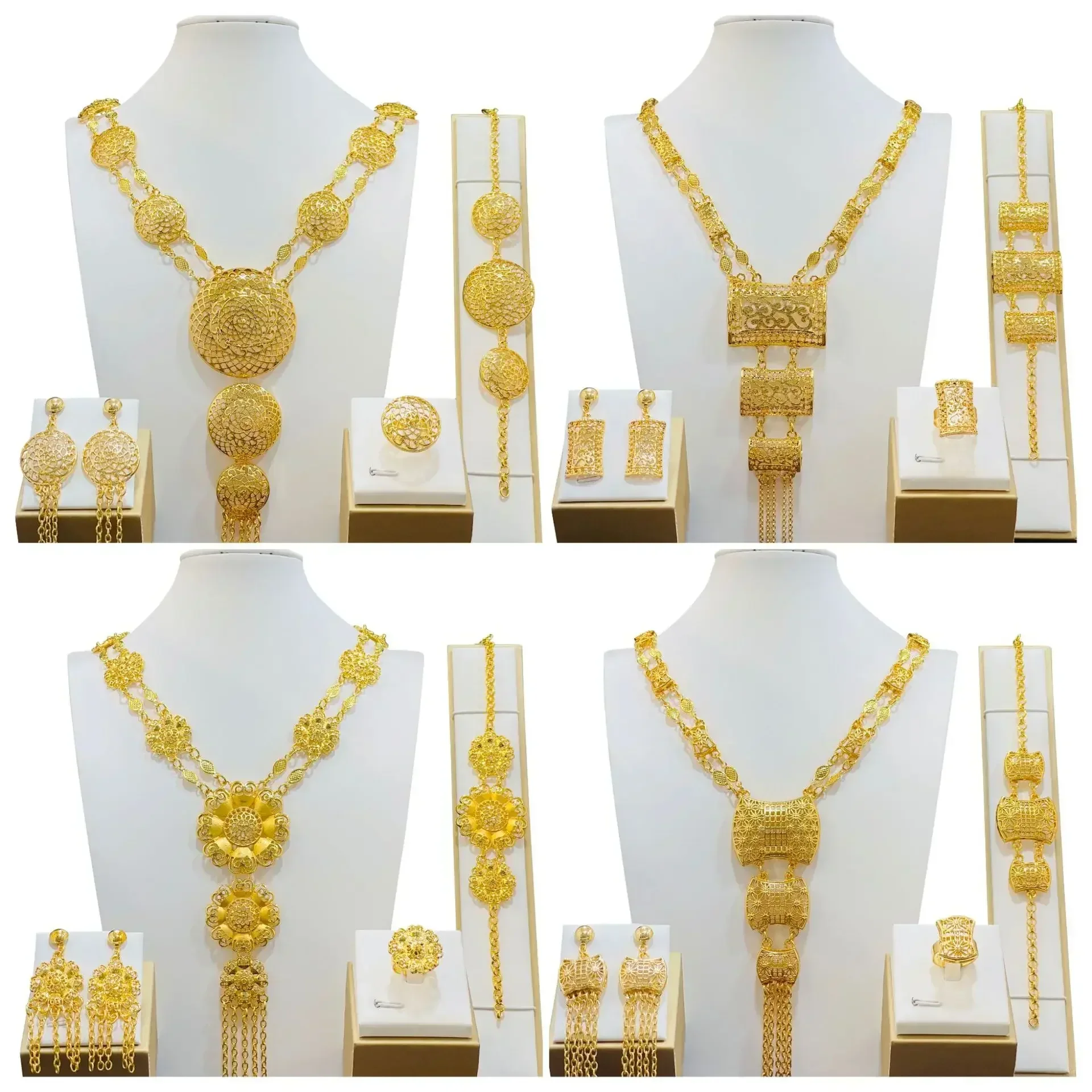 

Nigeria Indian Bridal Jewelry Sets For Women Wedding Ethiopian 24K Gold Plated Necklace And Earing Moroccan Jewellery Dubai Gift