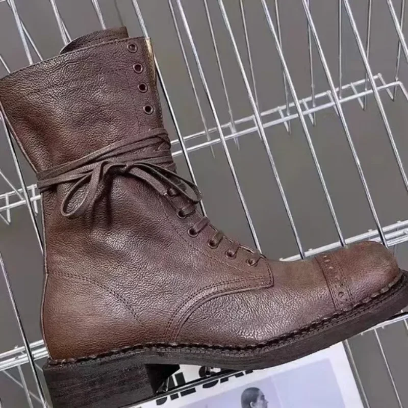 New Maillard Leather Shoes Women Ankle Boots Girl Trend Lace-up Motorcycle Boots Rock Punk Fashion Low Heel Shoes Spring Autumn