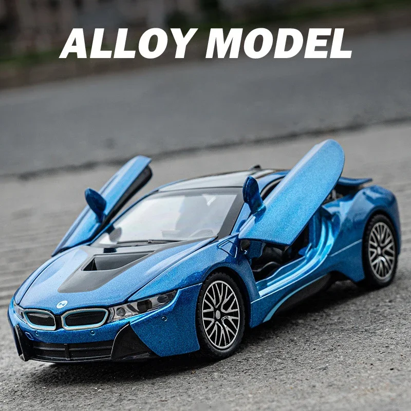 

1:32 автомобиль BMW I8 Supercar из сплава, литой и игрушечный автомобиль, модель автомобиля со звуком и фотомагнитом, автомобильные игрушки, подарки