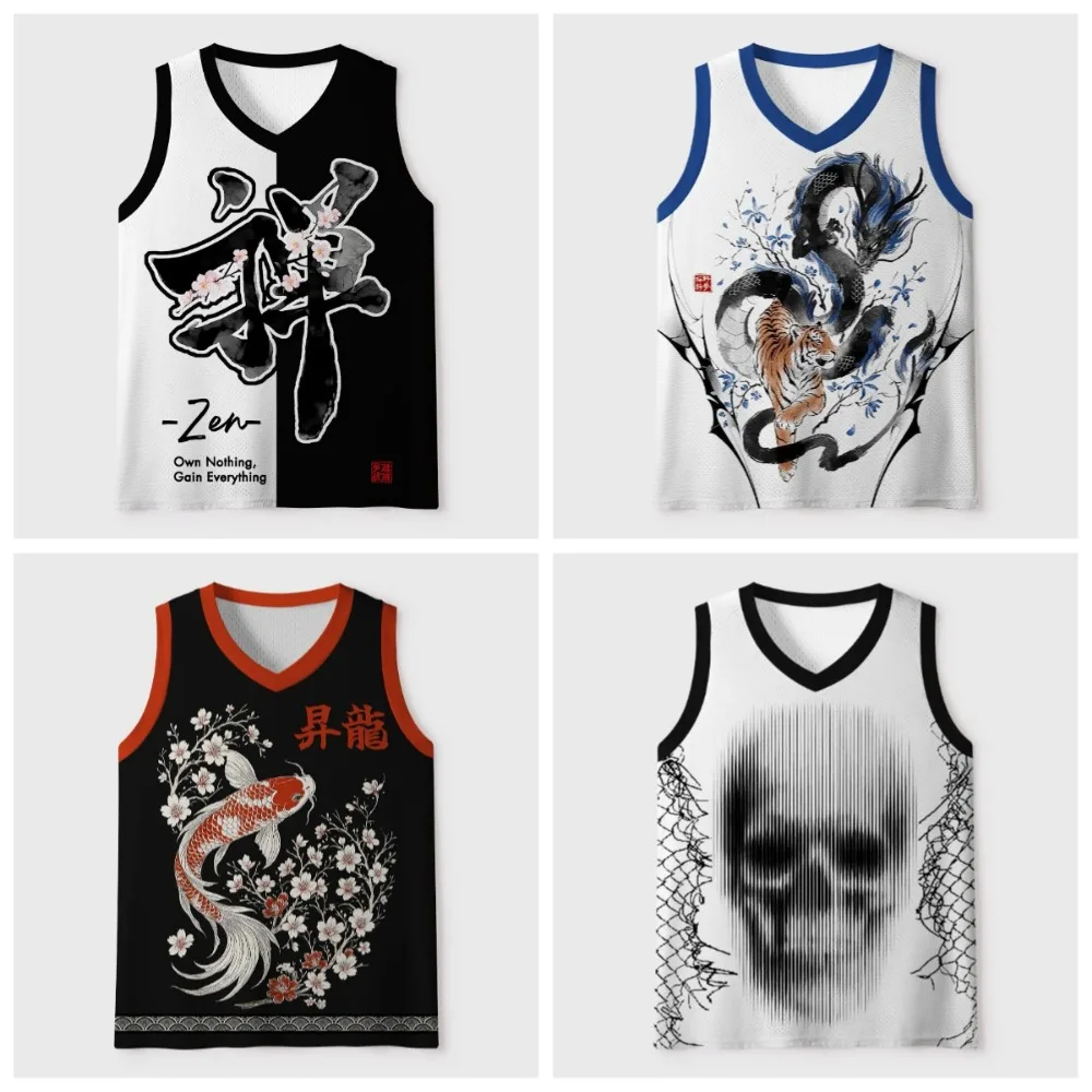 Zen Calligraphy Pattern 3D Printed Men's V-neck Vest Top Fashionable Leisure Breathable and Quick-drying Outdoor Sports Clothing