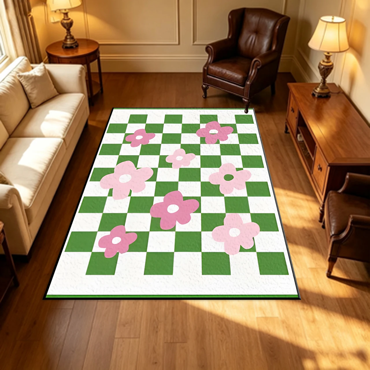 Green Checkered Carpet with Pink Floral Decoration