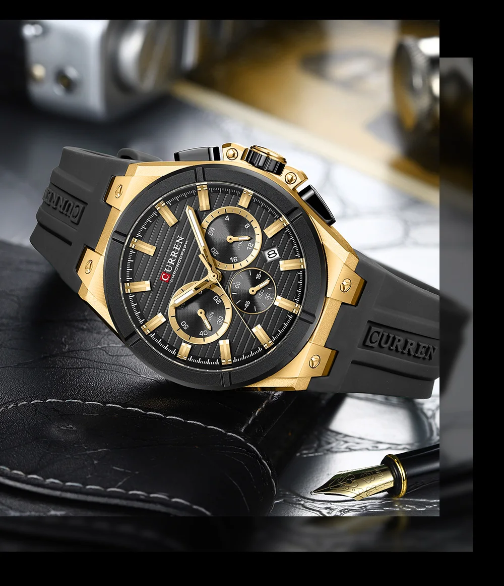 CURREN Herren-Luxus-Chronographenuhr mit 44-mm-Gehäuse, modische Quarz-Armbanduhr, lässiges Sport-Silikonarmband mit automatischem Datum. – Detail 17