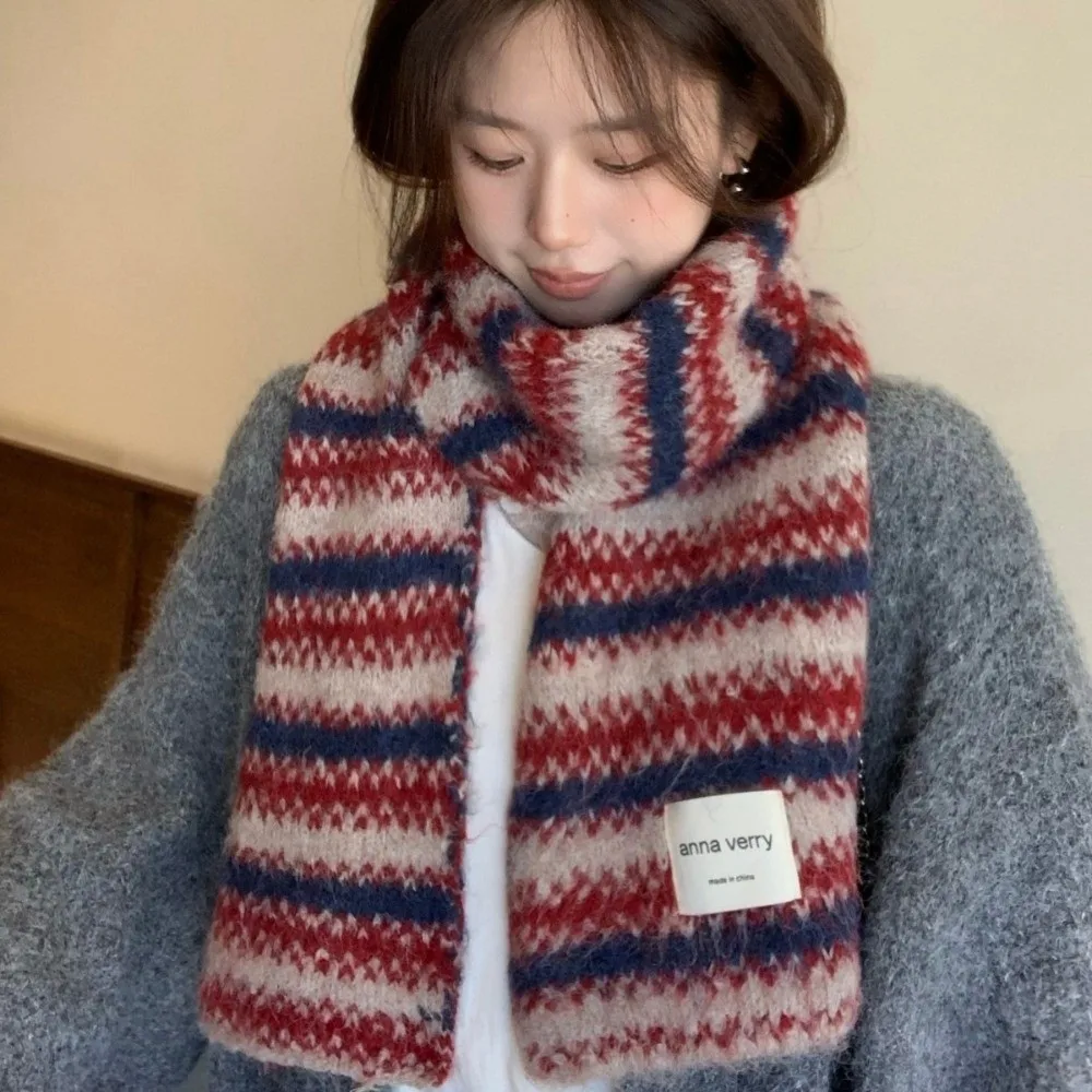 Korean Style Soft Striped Knit Scarf 164cm x 30cm Warm Wool Blend Scarf Fleece Lined Scarf Cold Weather